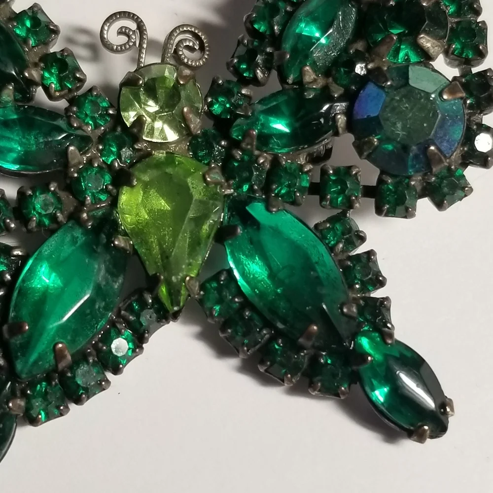 Vintage butterfly brooch green rhinestones pin moth insect bug jewelry p…